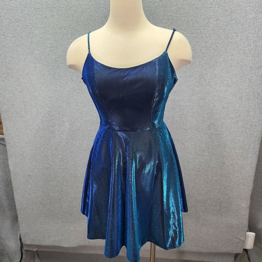 B.‎ Smart Blue Shimmer Spaghetti Strap Fit & Flare Dress